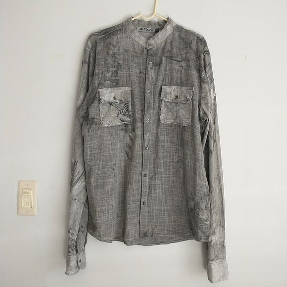 In Touch Button Shirt Mens 3XL Gray Abstract Linen Blend Long Sleeve Artsy Italy - Picture 1 of 10